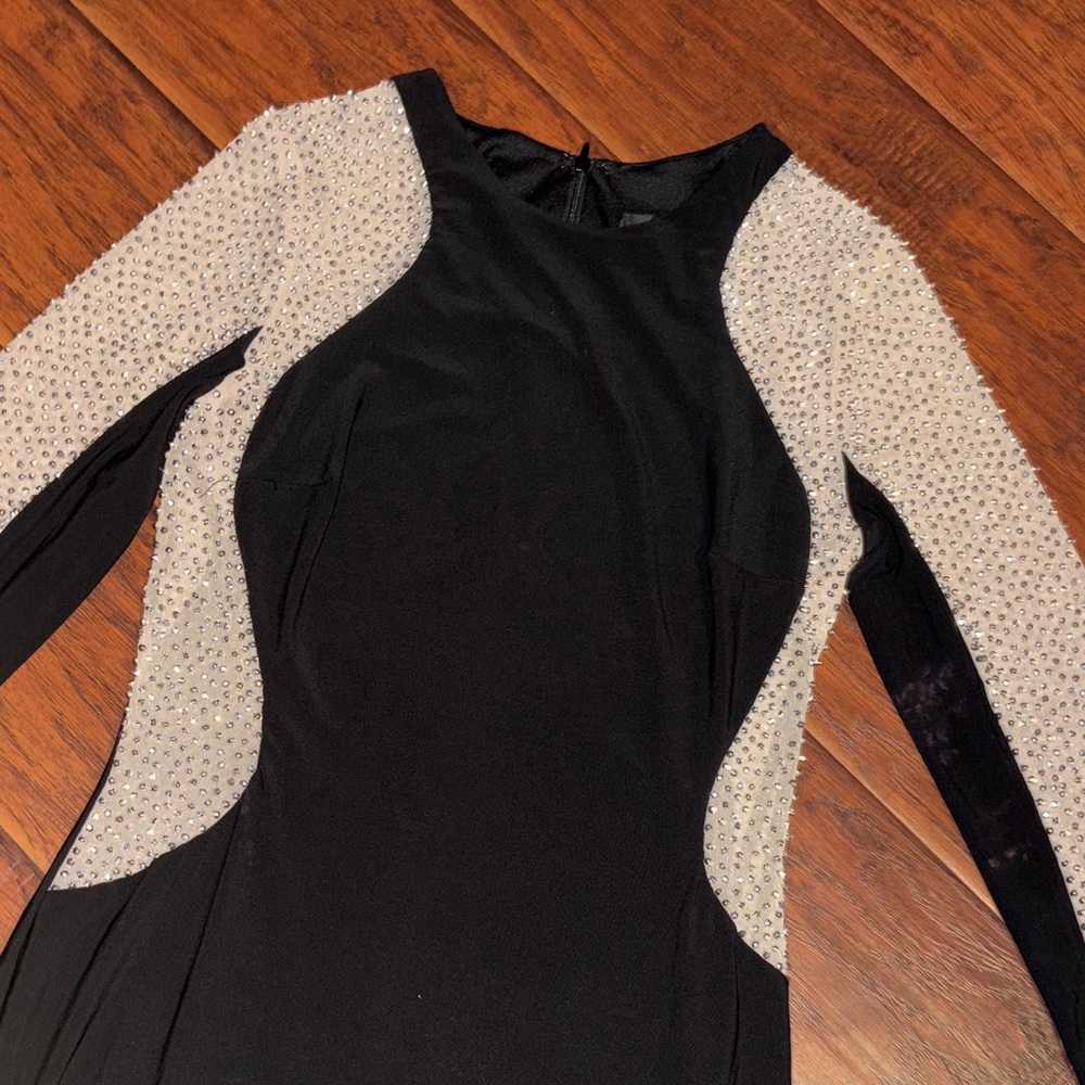 Xscape Black and Nudish Long Sleeve Studded Dress - Picture 2 of 4